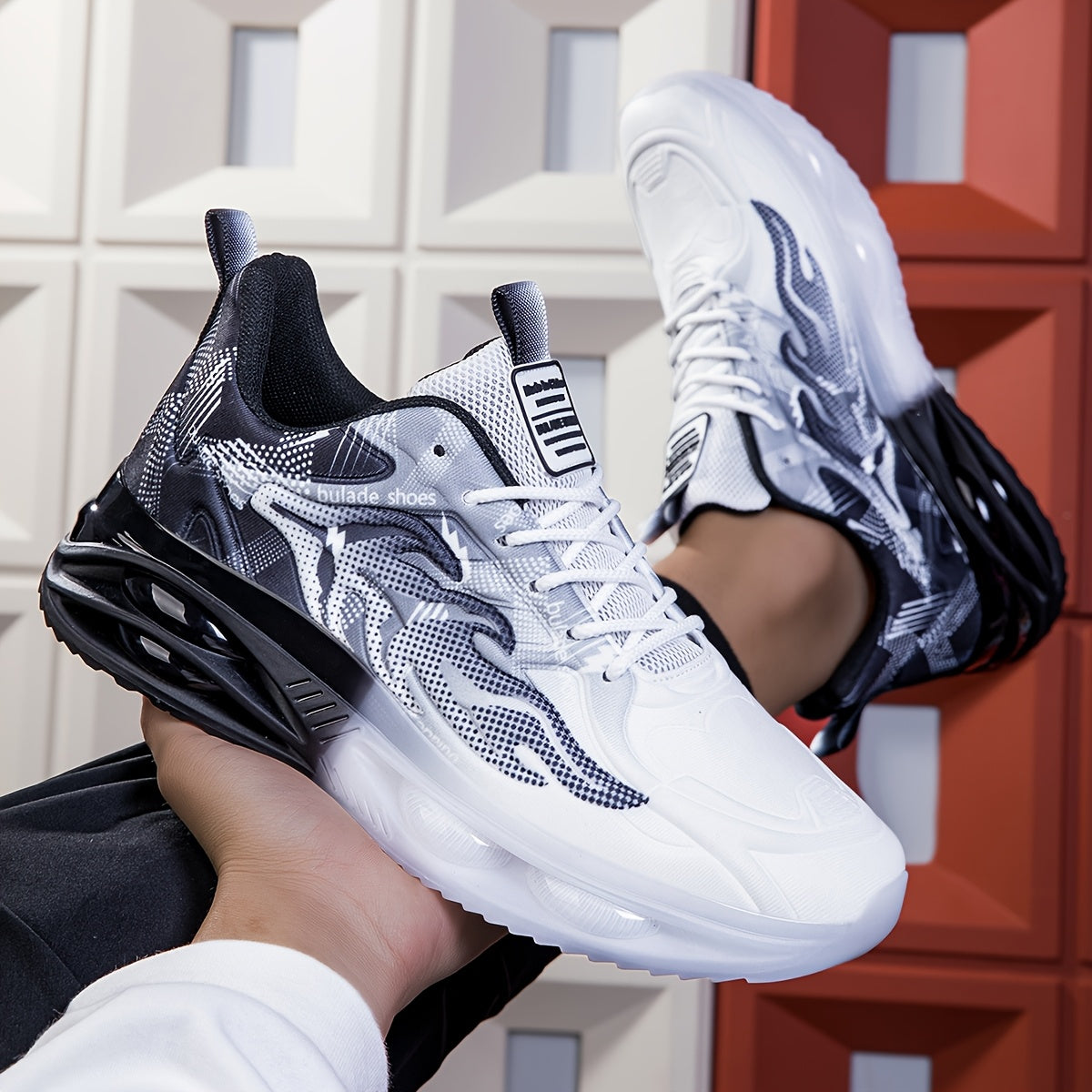 Men's Athletic Sneakers with PVC Sole Breathable Fabric Upper Flame Motif Casual Outdoor