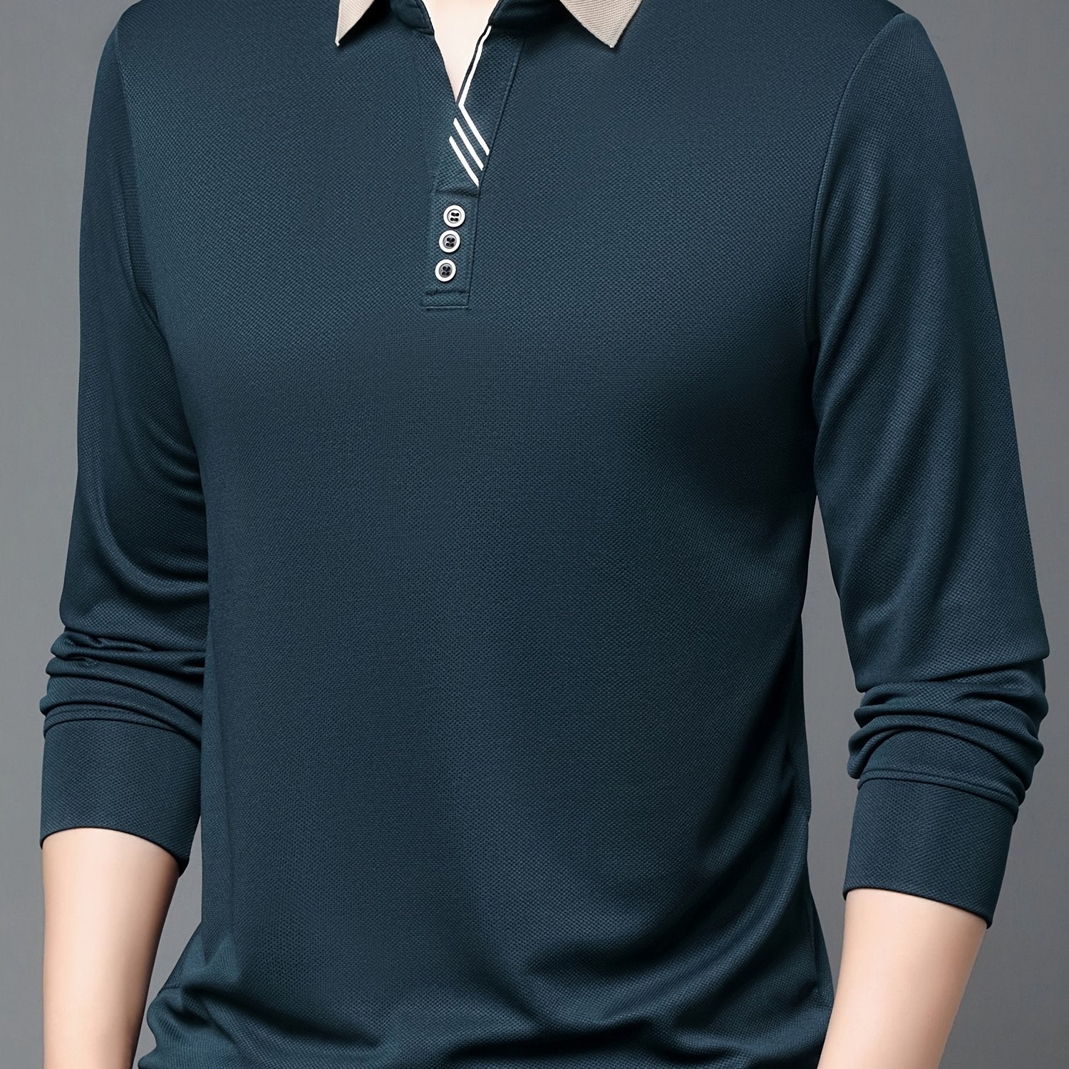Men's Long Sleeve Polo Shirt Casual Business Solid Color Stretch Knit Regular Fit