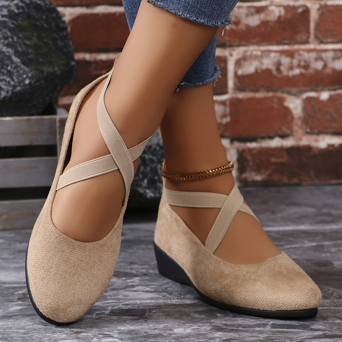 Zapatos cómodos de cuña para mujer con correa elástica cruzada, slip-ons casuales