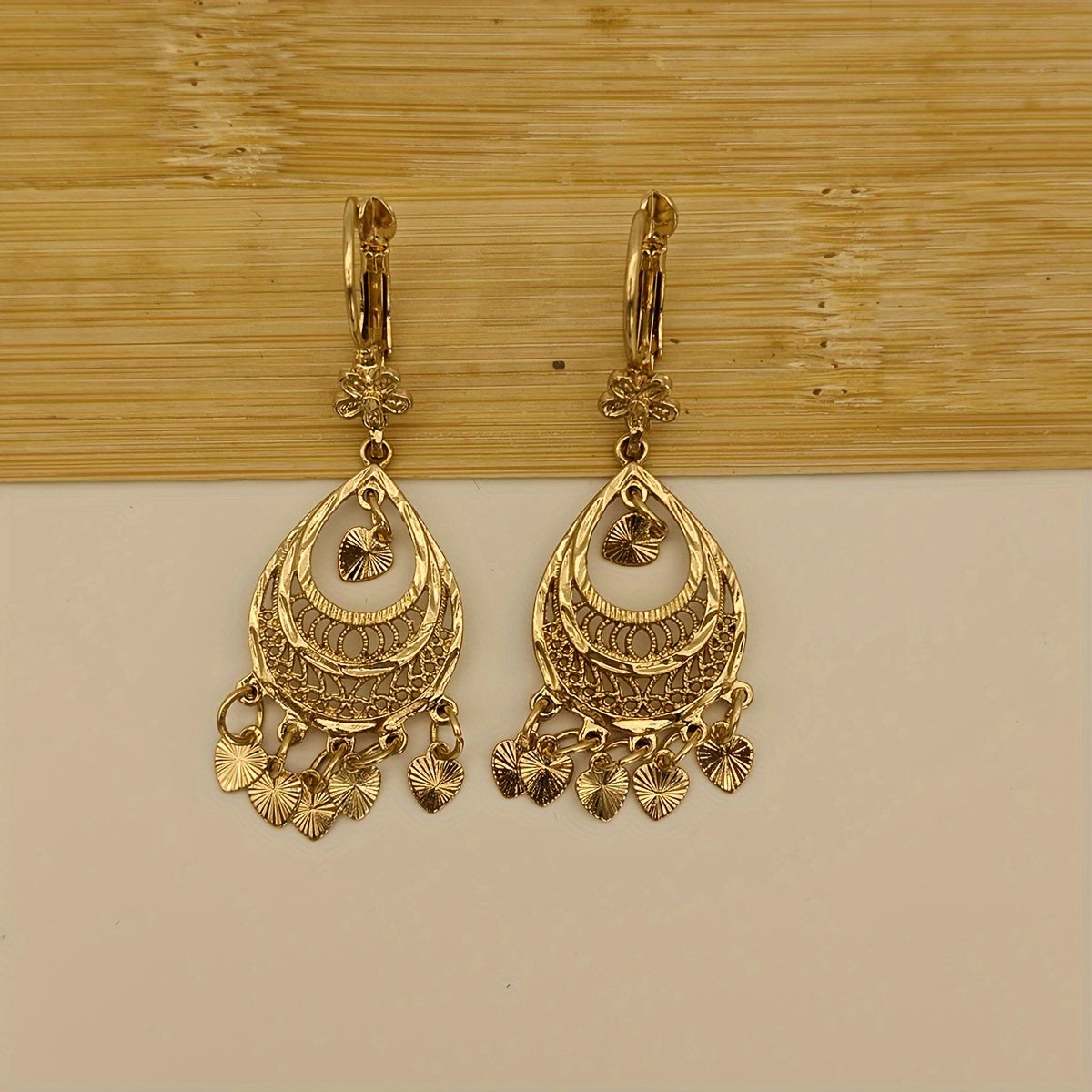 Golden Heart Tassel Drop Earrings Vintage Inspired Hollow Design for Weddings Parties and Daily Wear