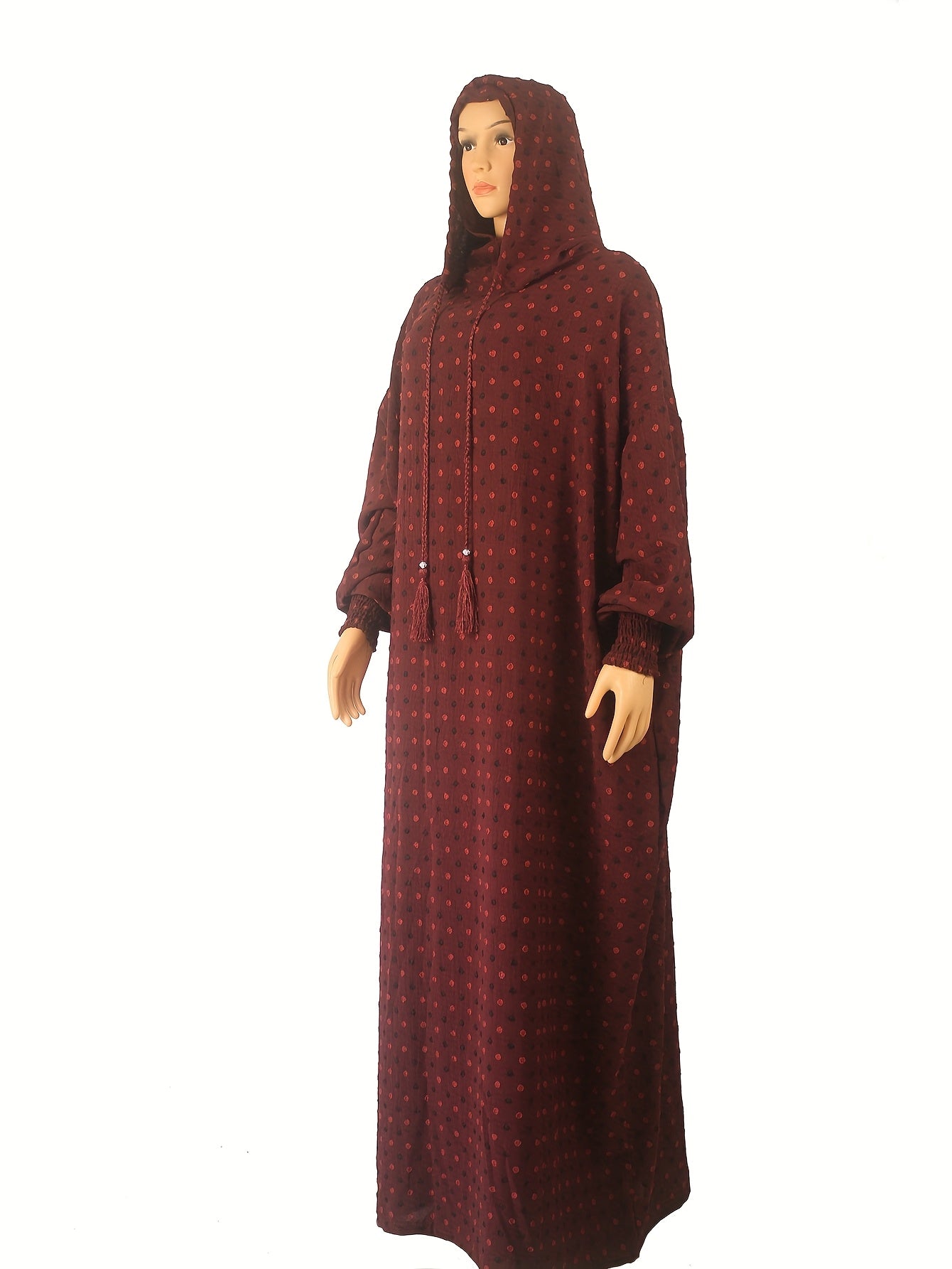 Women's Red Polka Dot Maxi Abaya Modest Dress with Hood and Lantern Sleeves