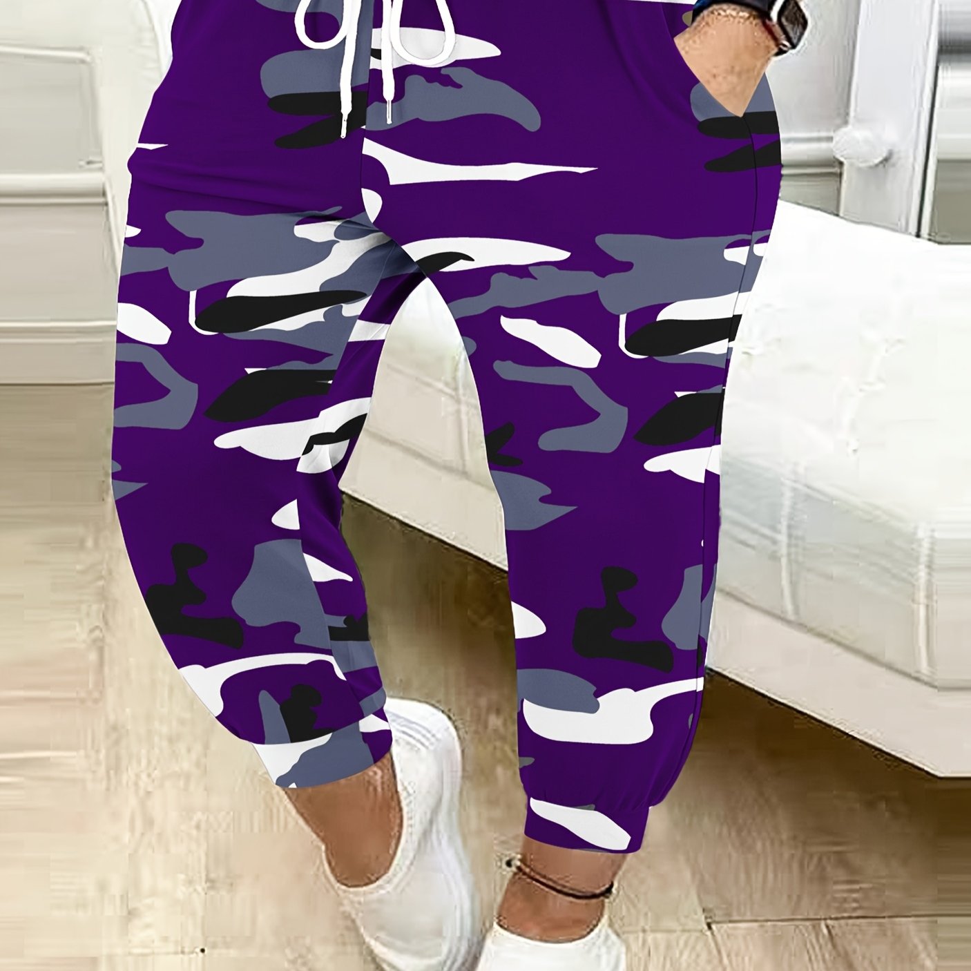 Women's Plus Size Camo Joggers Casual Drawstring Harem Pants Maroon Gray Black