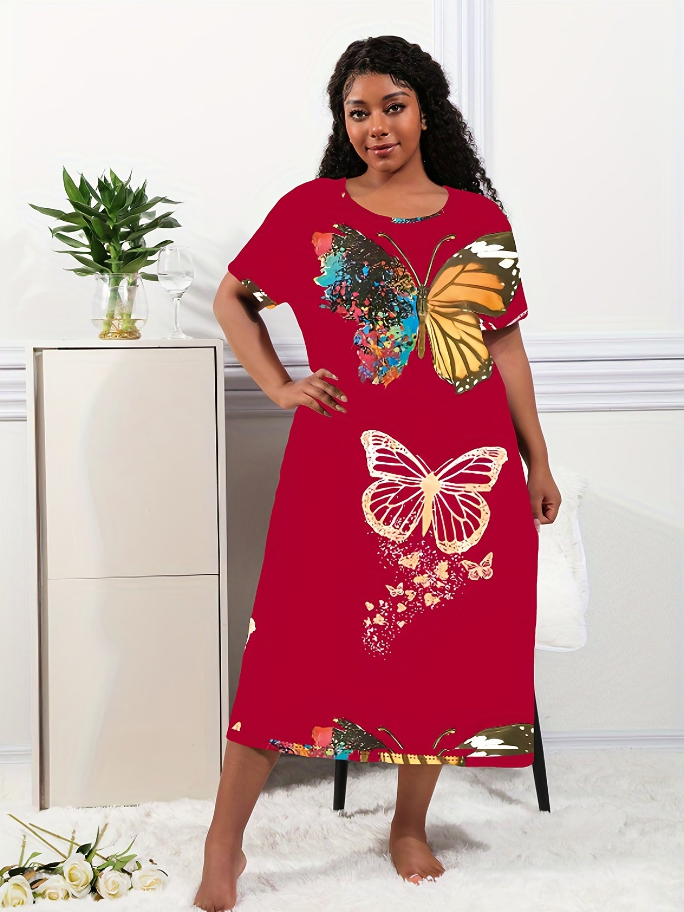 Women's Plus Size Lounge Dress Butterfly Print Short Sleeve Nightdress