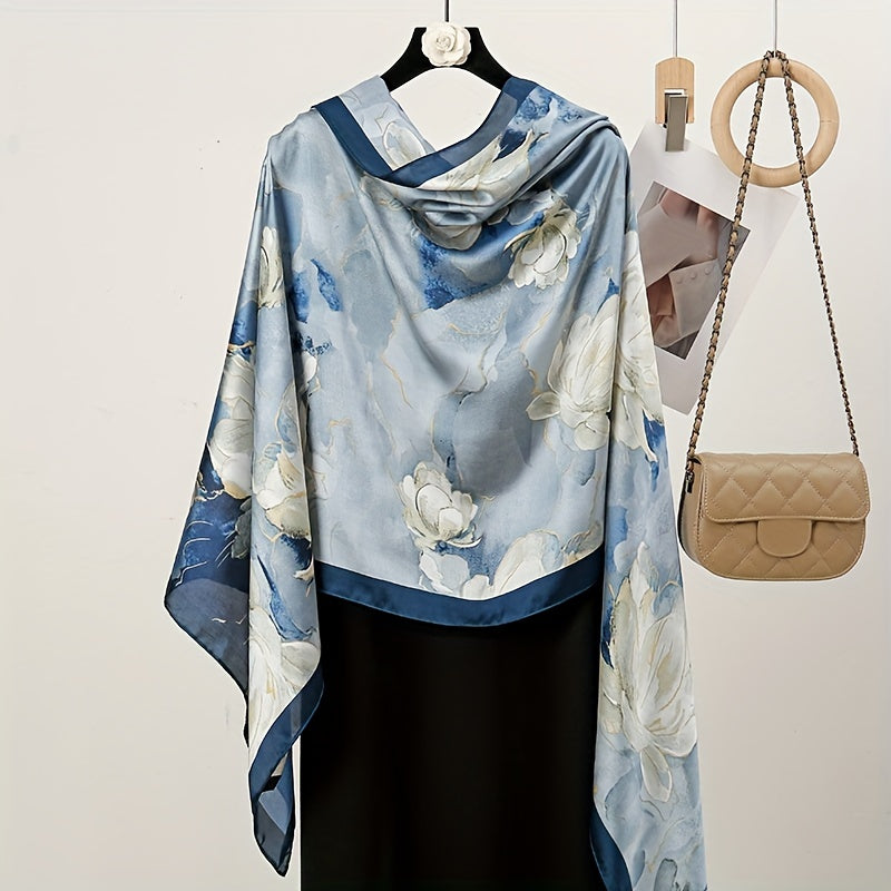 Women's Blue Big Flower Printed Scarf Shawl Satin Silk Feel Beach Towel for Outdoor Activities
