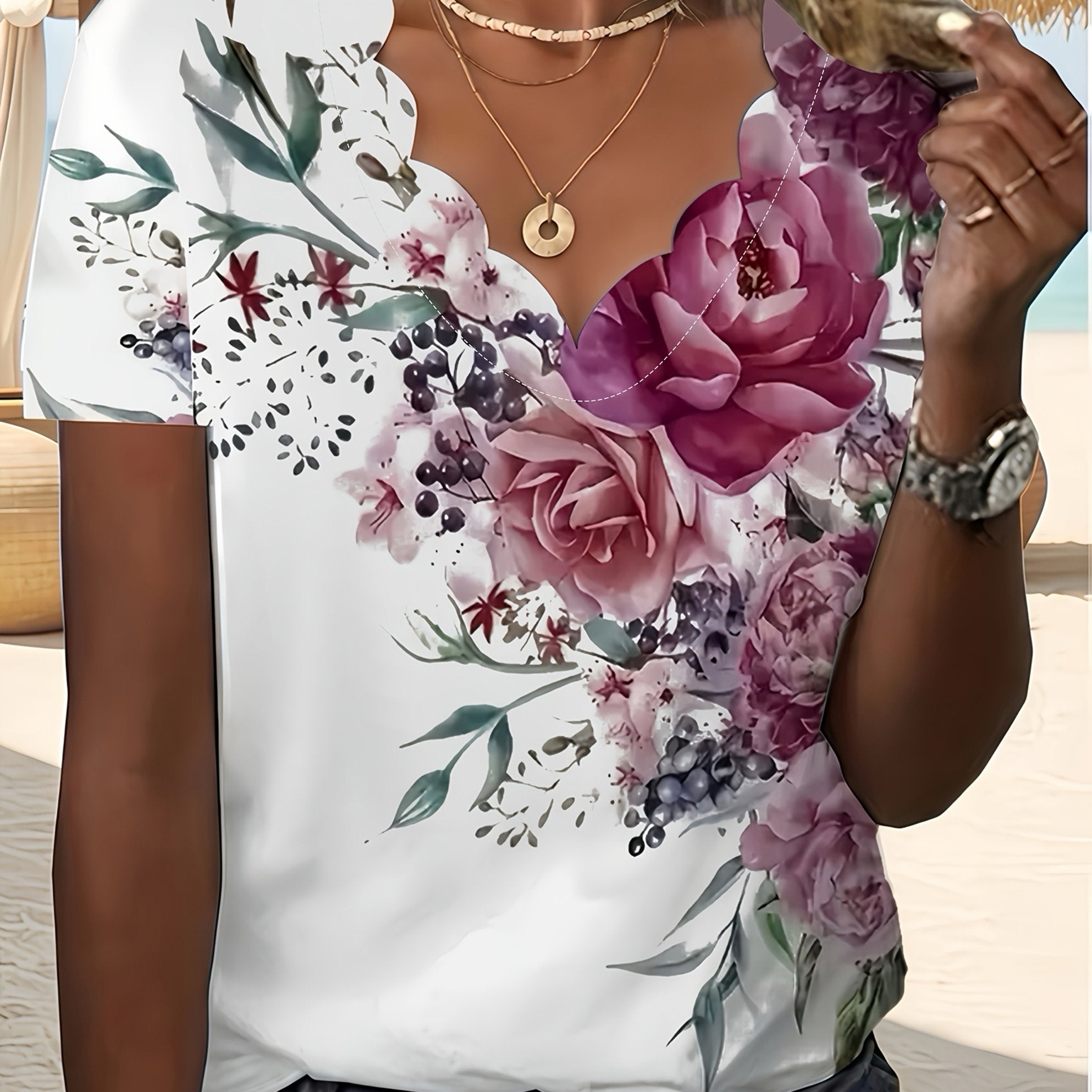 Camiseta de mujer con cuello en V y estampado floral para verano, manga corta, talla grande, poliéster
