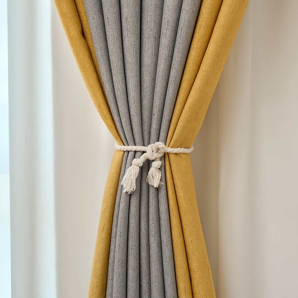 Gray and Yellow Fabric Patchwork Curtains Light-Blocking Machine Washable Cordless for Bedroom Living Room