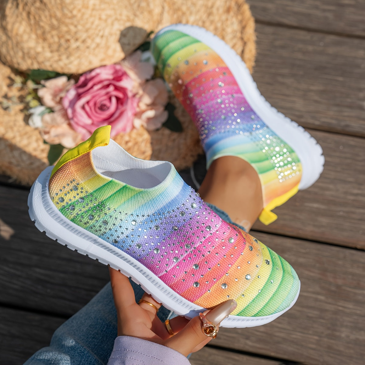 Women's Breathable Slip-On Casual Sneakers with Sparkling Crystal Accents