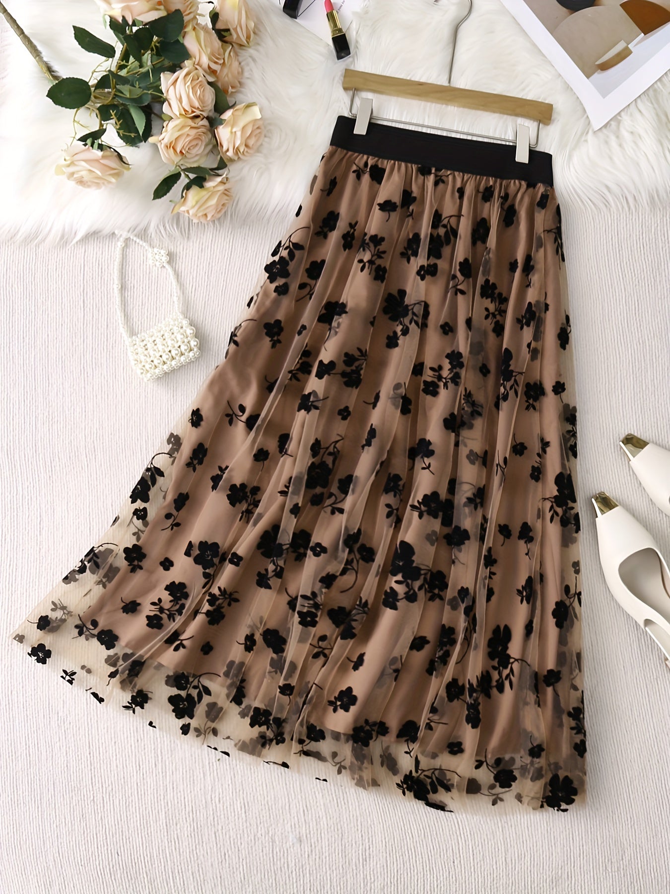 Women's Tulle Skirt with Embroidered Floral Print Regular Length A-Line Casual Style