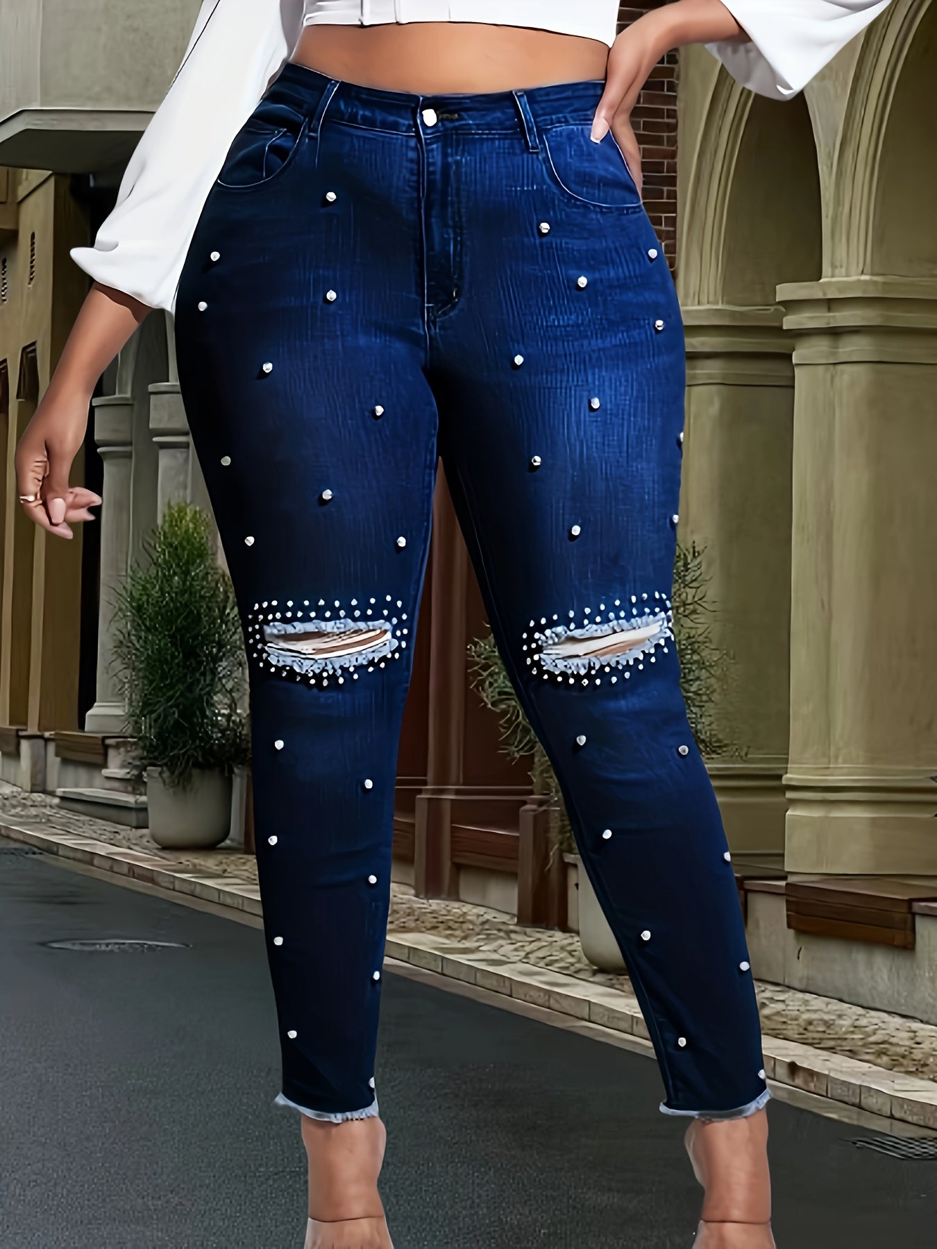 Plus Size Women's High-Stretch Skinny Jeans with Pearls Denim Pants for Casual and Formal Wear