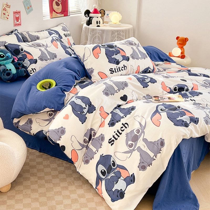 4-Piece Blue Polyester Stitch Cartoon Bedding Set Duvet Cover Flat Sheet Pillowcases for Teen Bedroom