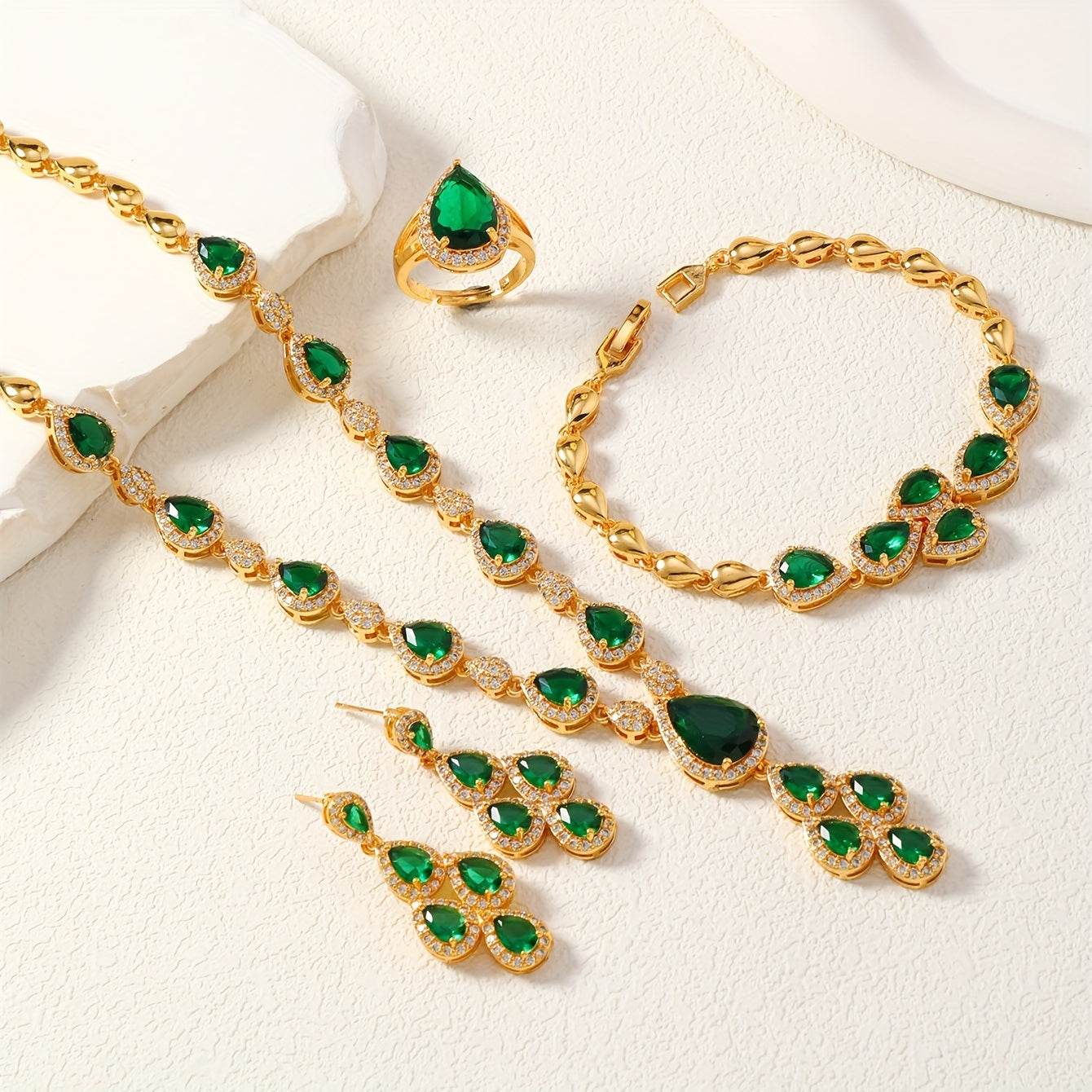 Women's Middle Eastern Jewelry Set with Green Water Drop Cubic Zirconia Necklace Bracelet Ring Earrings