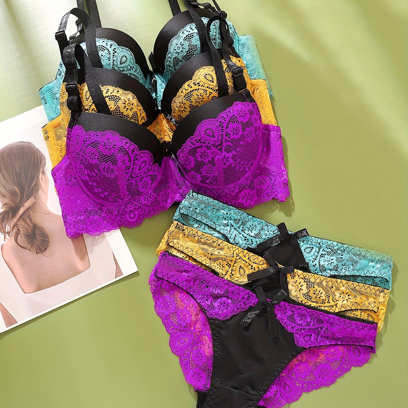 Women's Lace Lingerie Set with Push-Up Bra and Low-Rise Briefs in Breathable Nylon