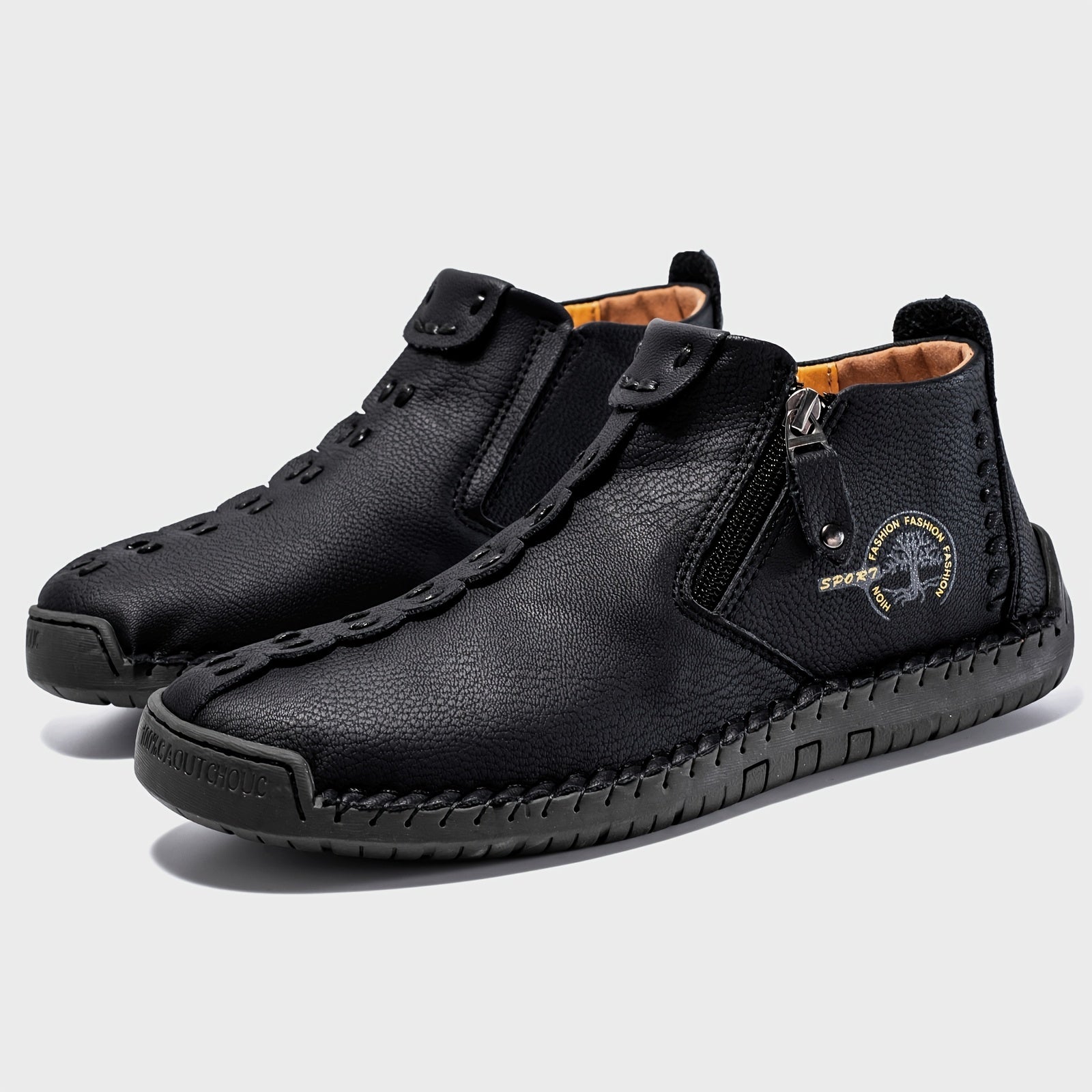 Men's Zipper Mid Top Casual Shoes with Stitching and Solid Color Design