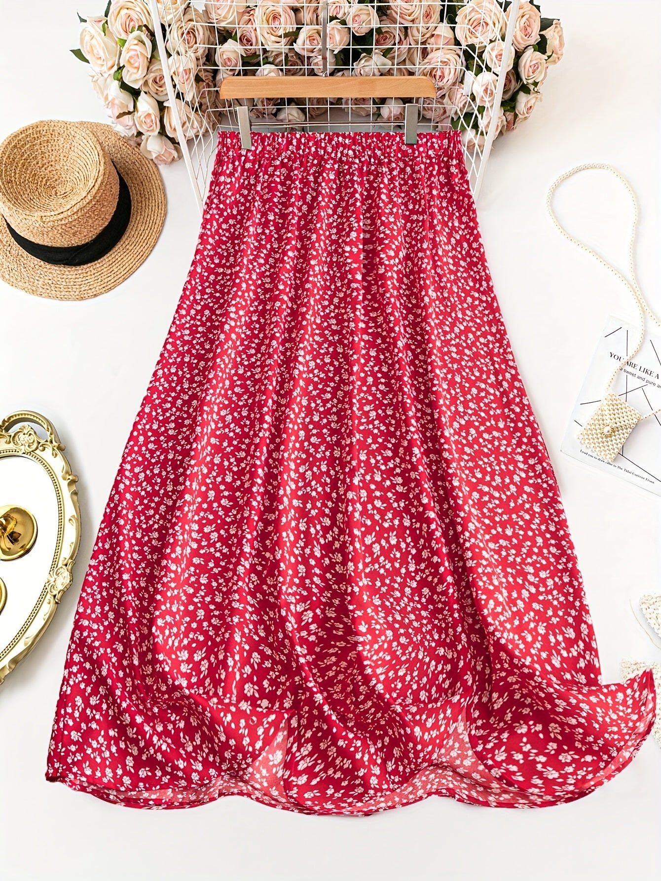 Plus-Size Floral Print Skirt With Button Details Elastic Waist