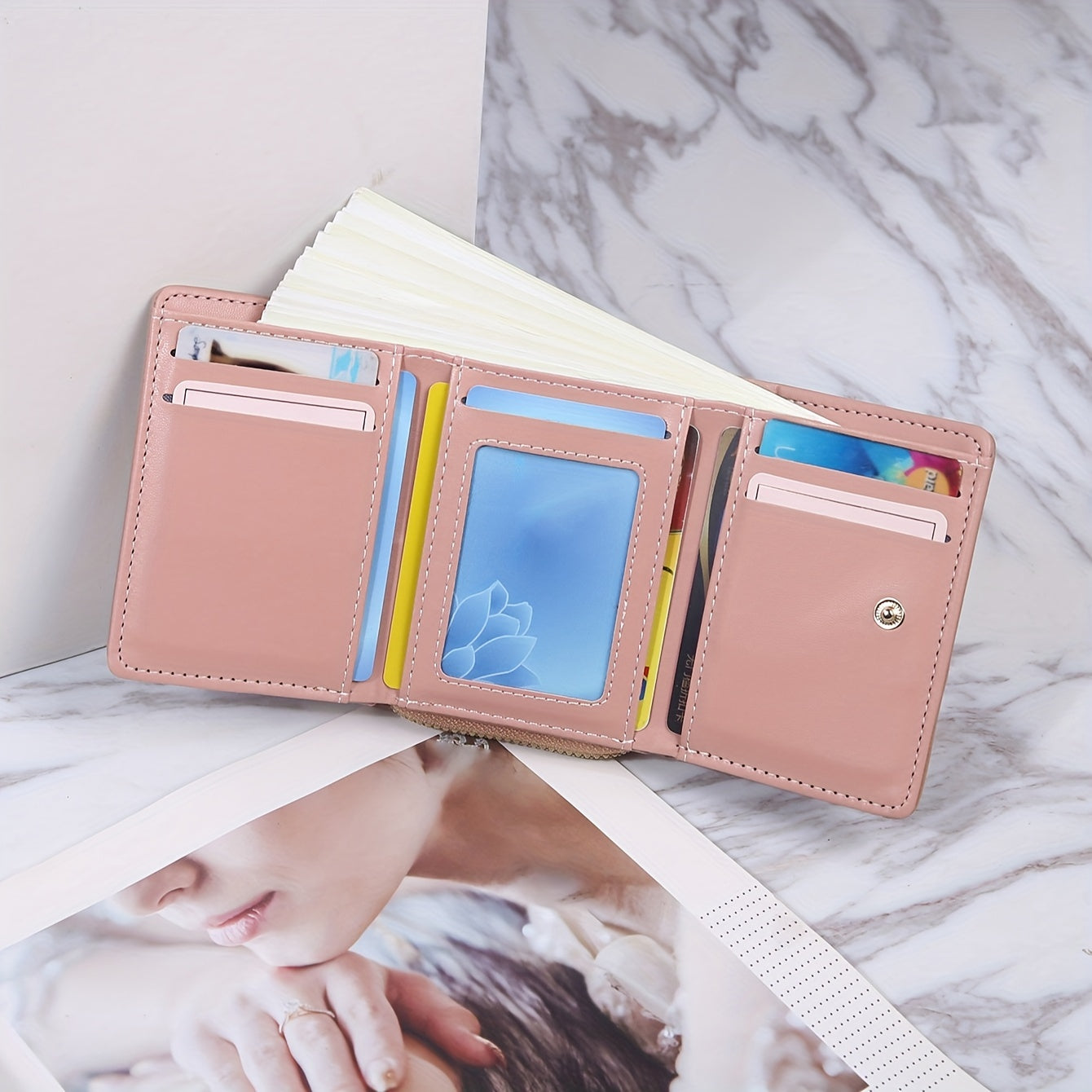 Men's Black PU Tri-Fold Wallet with Card Slots and Buckle