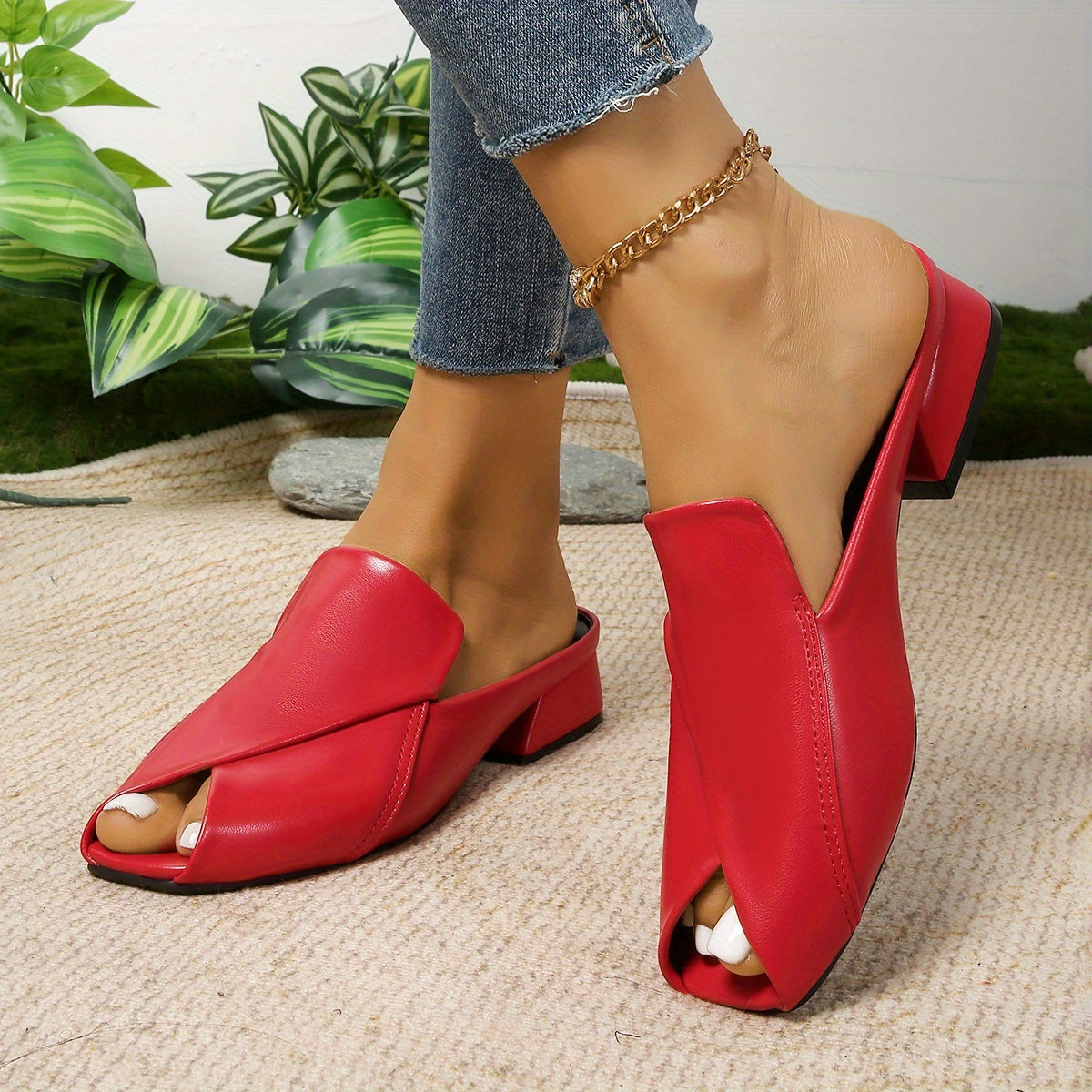 Women's Open Toe Slip-On Sandals Breathable Synthetic Cushioned Mid-Heel