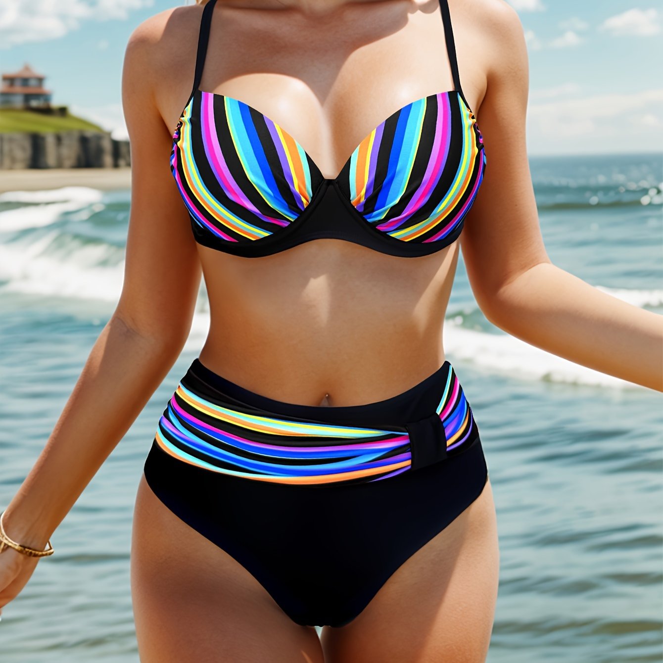 Striped Women's 2-Piece Bikini Set V-Neck High Cut Swimsuit