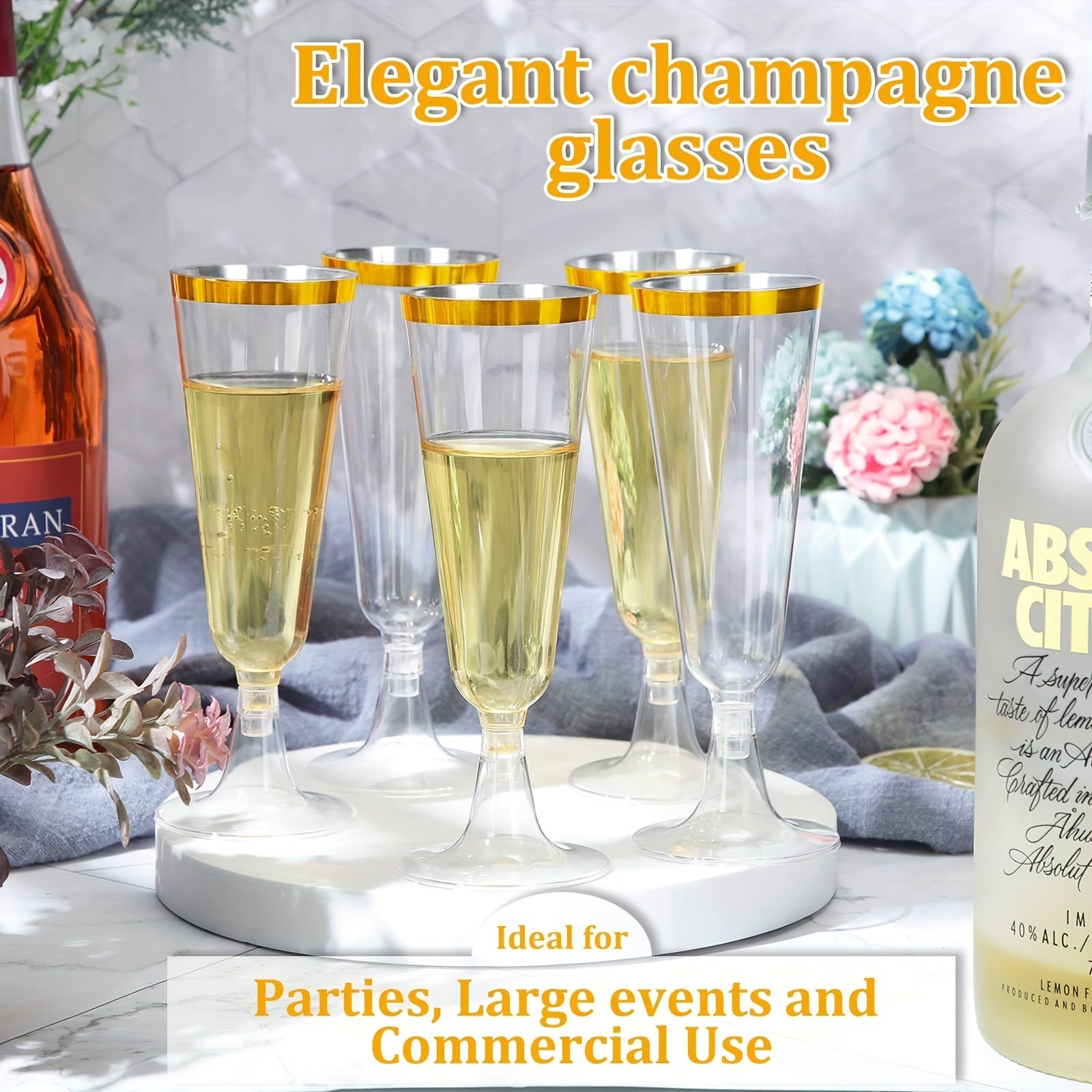 25 Pack Plastic Champagne Flutes 5.5 Oz Gold Rim Recyclable Party Glasses