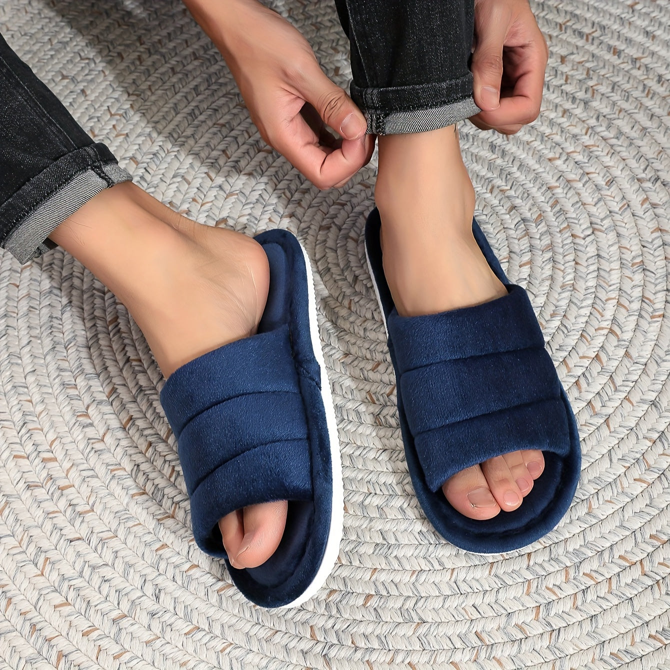 Navy Blue Open-Toe Plush Home Slippers Non-Slip Sole Casual for Couples