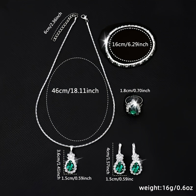 Women's Accessory Set with Quartz Watch, Green Crystals, Jewelry, Teardrop Design