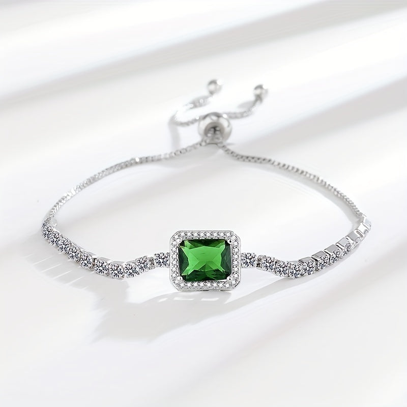 Women's Silver Bracelet with Green Zirconia Stones Adjustable Jewelry for Daily and Special Occasions
