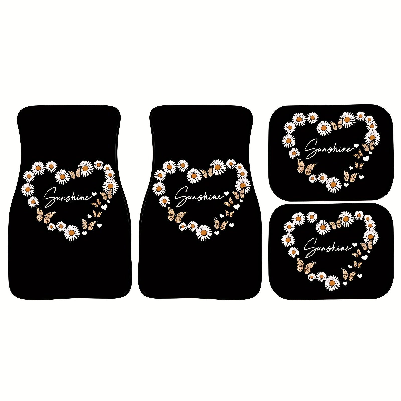 4Pcs Heart-Shaped Daisy Pattern Car Floor Mats Water-Absorbent Anti-Slip Durable