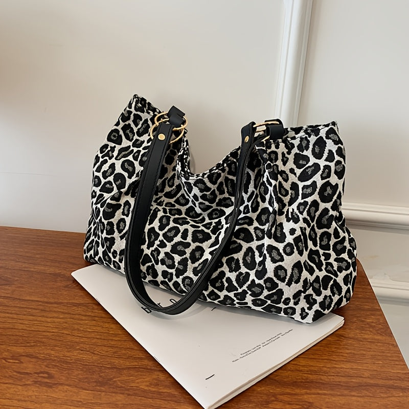Leopard Print Tote Bag for Women Fabric Black and Gold Large Capacity for Shopping and Commuting