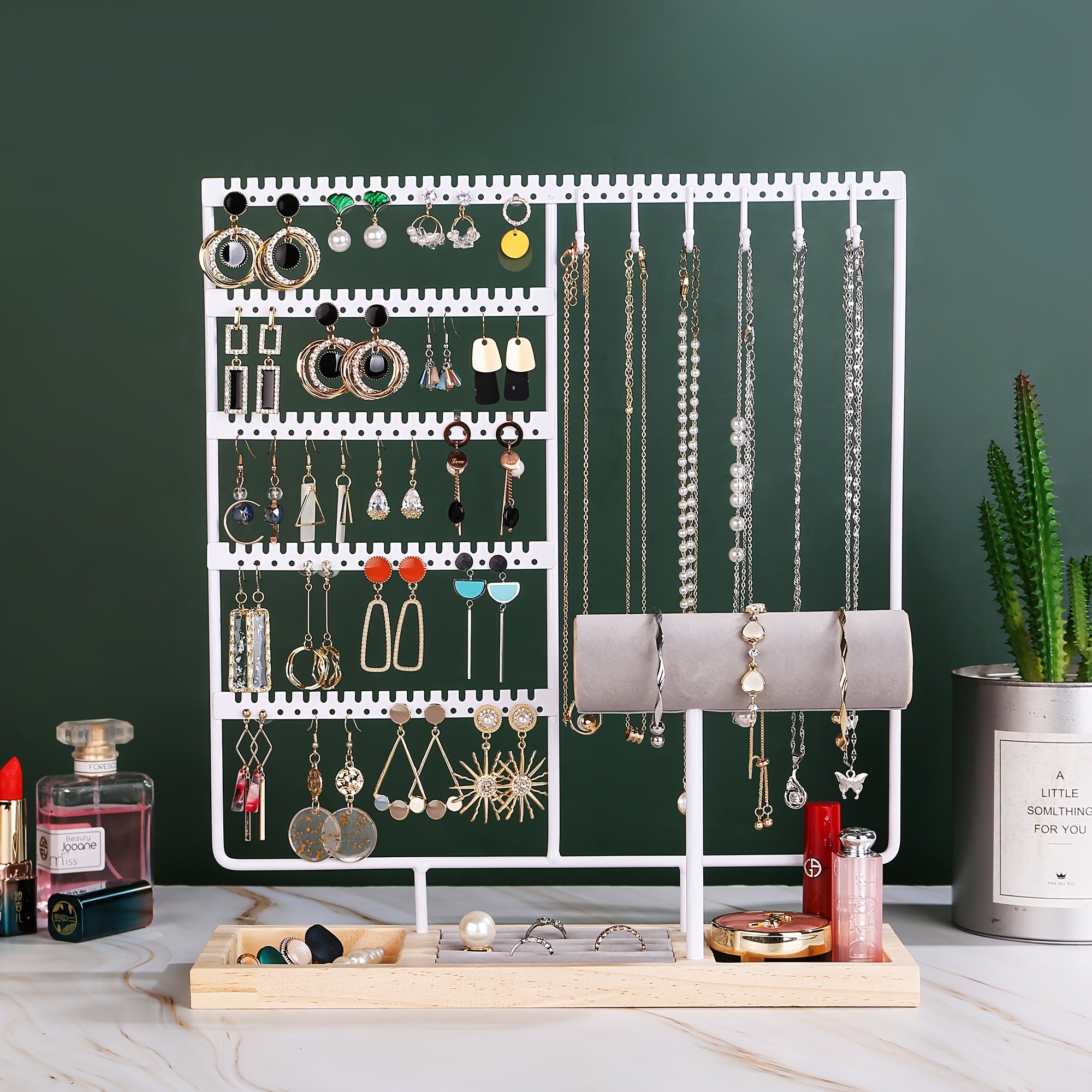 Soporte organizador de joyas en forma de árbol para pendientes, collares, anillos y pulseras con 90 orificios, ganchos y ranuras de madera