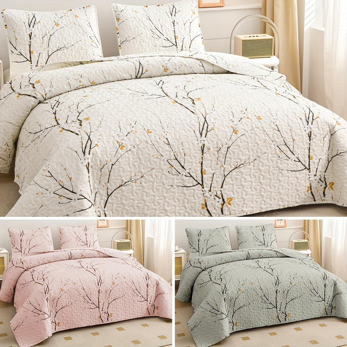 Elegant Plum Blossom Bedding Set 3 Pieces Quilt and Pillowcases Breathable Soft for All Seasons