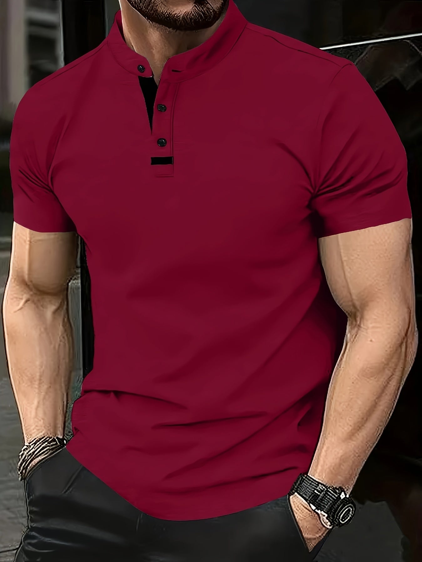 Men's Plus-Size Short Sleeve Stand Collar T-Shirt Polyester Solid Color Casual Spring Summer