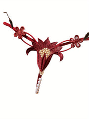 Beaded Floral Thong Panties Low Rise Breathable Polyester Lingerie