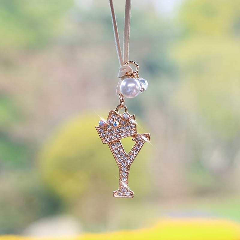 Alphabet Car Mirror Charm Set with Sparkling Crown Pendants for Vehicle Decoration