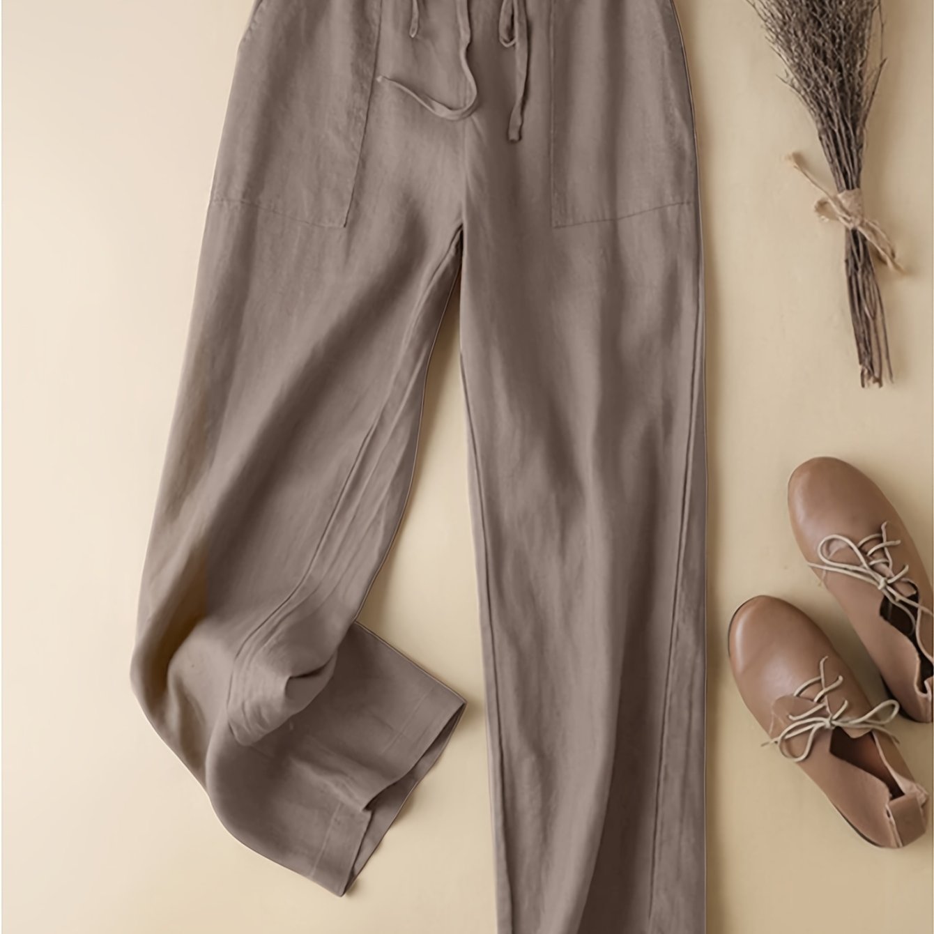 Plus Size Solid Pocket Straight Leg Pants, Casual Drawstring Elastic Waist Women's Clothing