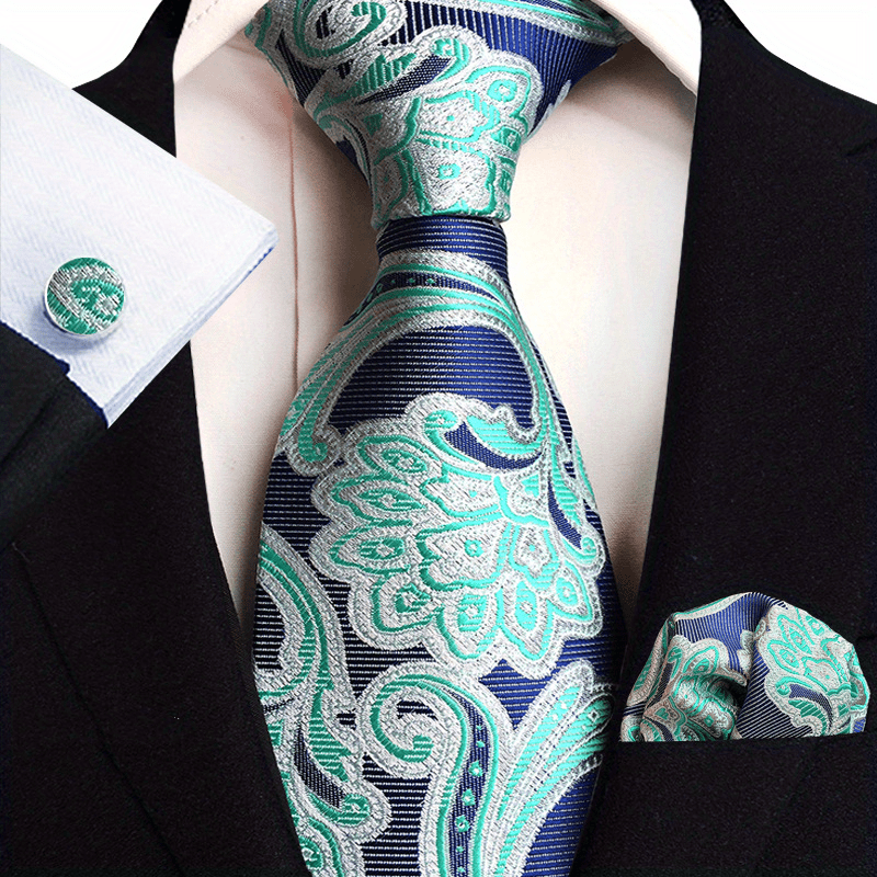 Set of 3 Paisley Jacquard Woven Neckties with Cufflinks and Pocket Squares for Men