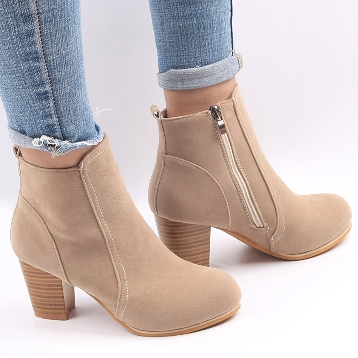 Women's Beige Fabric Ankle Boots with Chunky Heel and Zipper