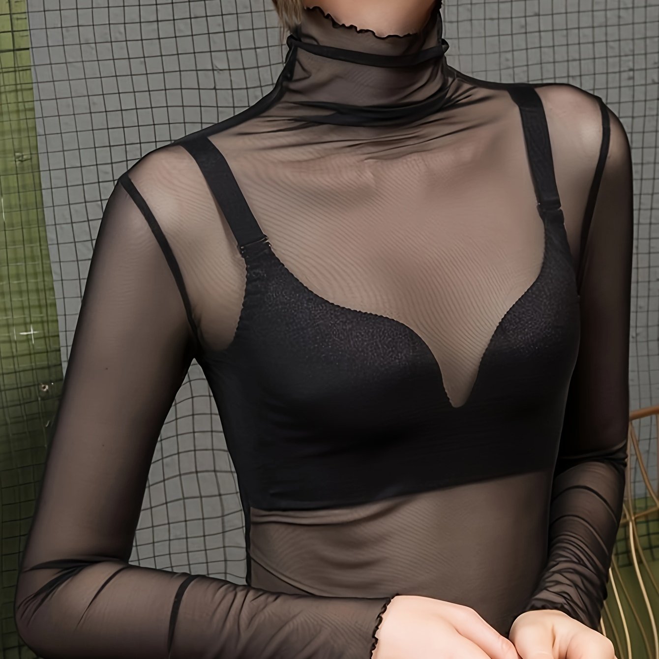 Women's Mesh Lounge Top with High Neck and Lettuce Trim Solid Color