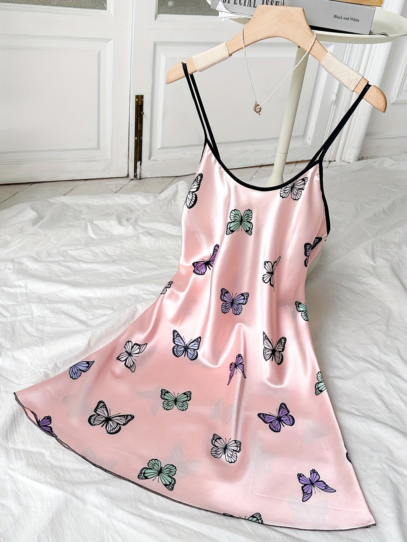 Women's Satin Nightgown with Butterfly Print Adjustable Cross Straps All-Season Sleepwear