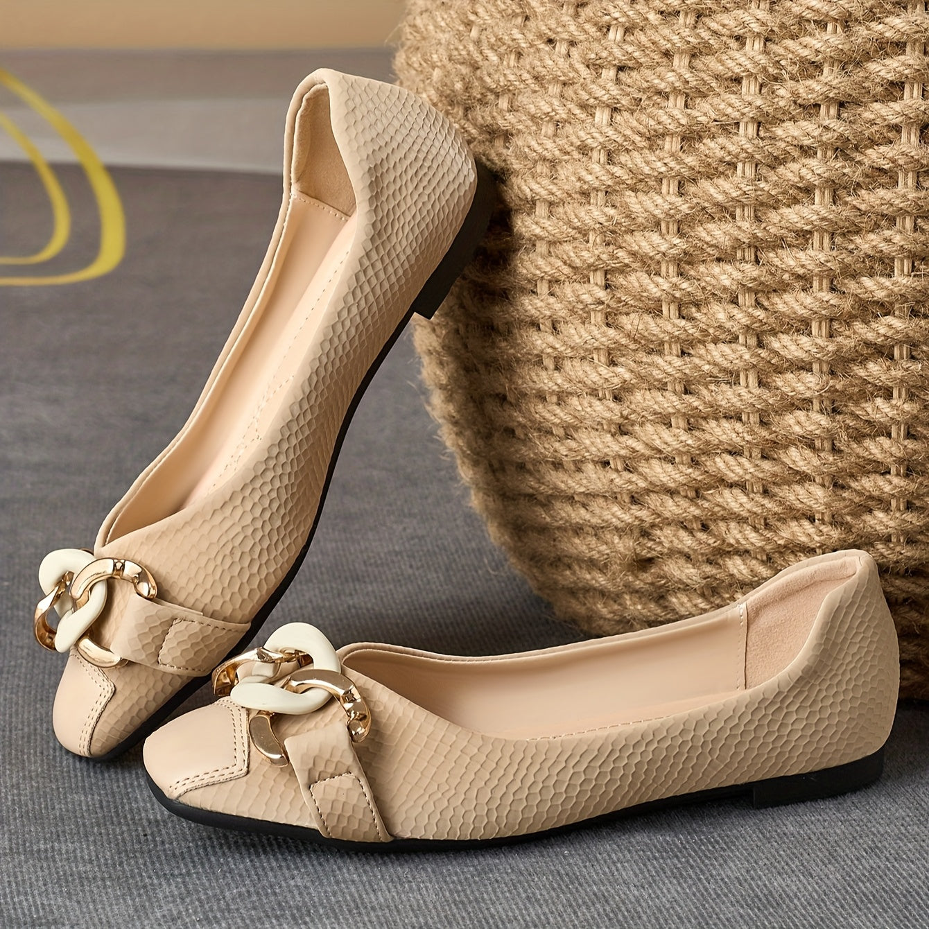 Women's Beige Slip-On Flats with Gold Chain Decor, Anti-Slip, Square Toe