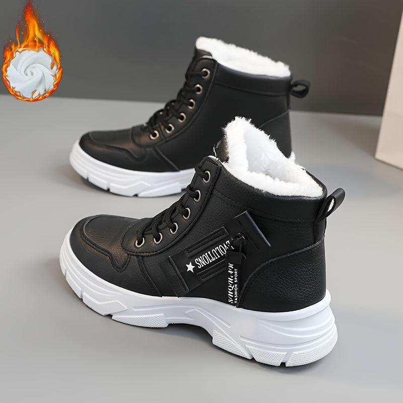 Women's Faux Leather Mid-Top Sneakers with Thick Platform Sole Beige Cold Weather Shoes