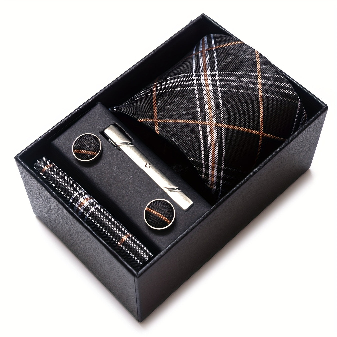 Men's Plaid Tie Set with Pocket Square Cufflinks and Tie Clip in Gift Box