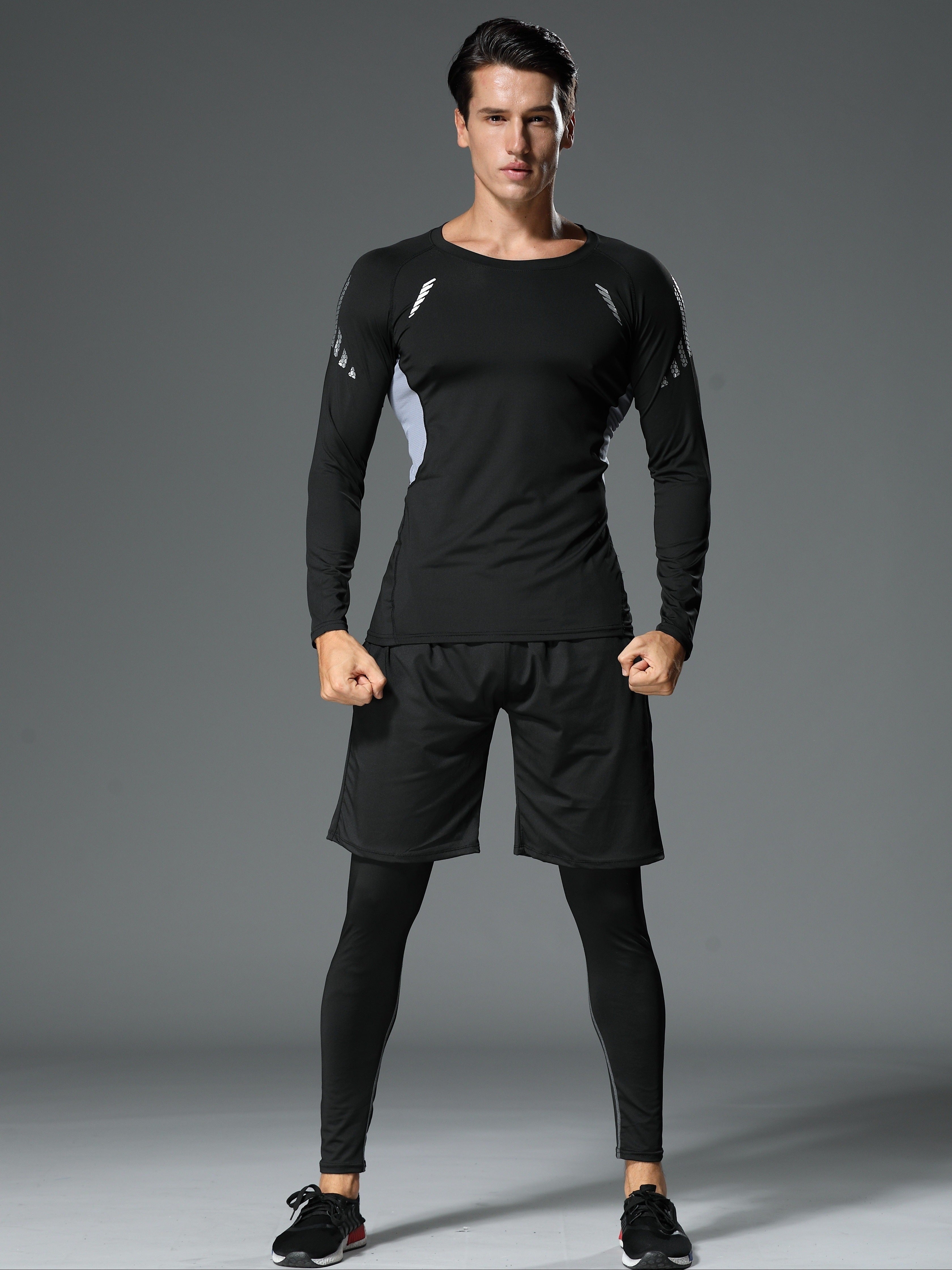 Men's Athletic Set Quick-Dry Polyester Crew Neck Top and Leggings for Running Training and Sports
