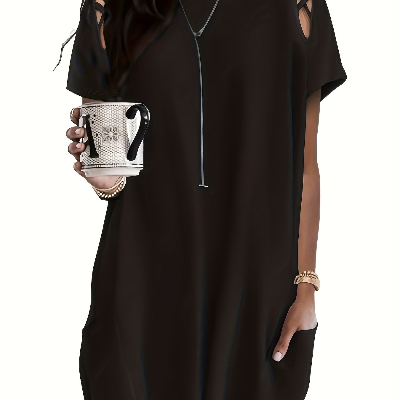 Blusa túnica negra de manga batwing para mujer con detalle de correa cruzada