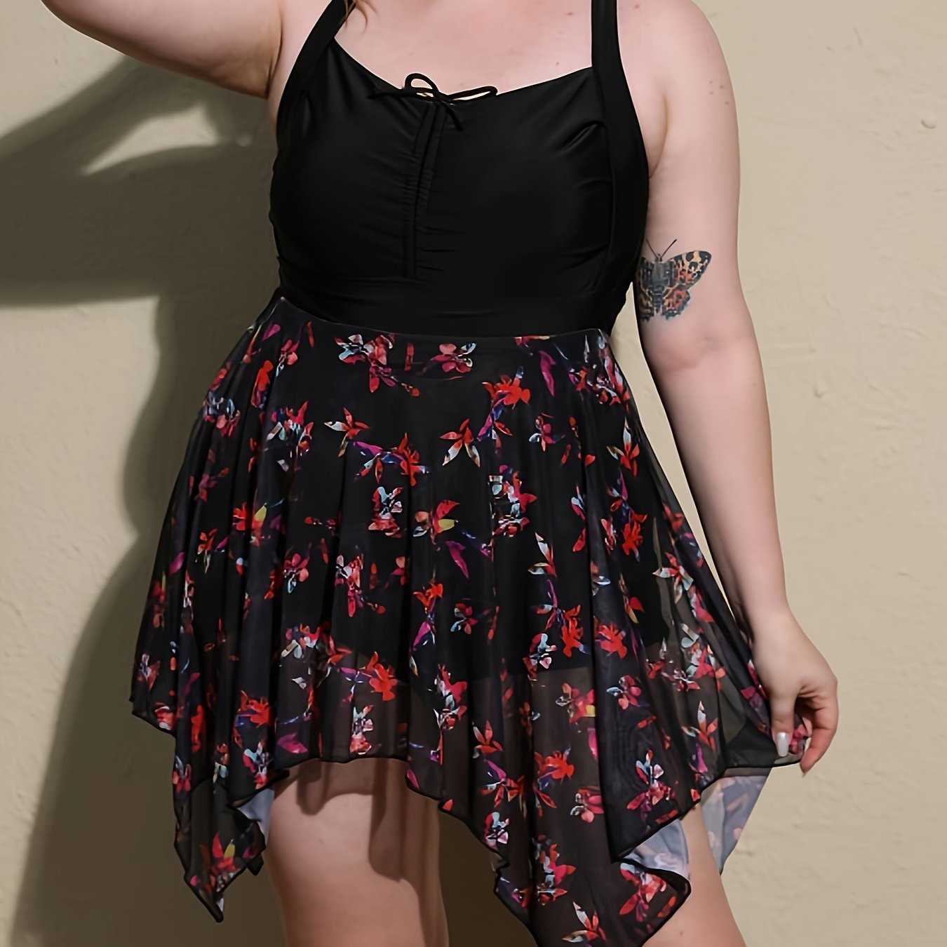 Plus Size Lace-Up Front Skirted Swimsuit with Removable Padding and Contrast Mesh