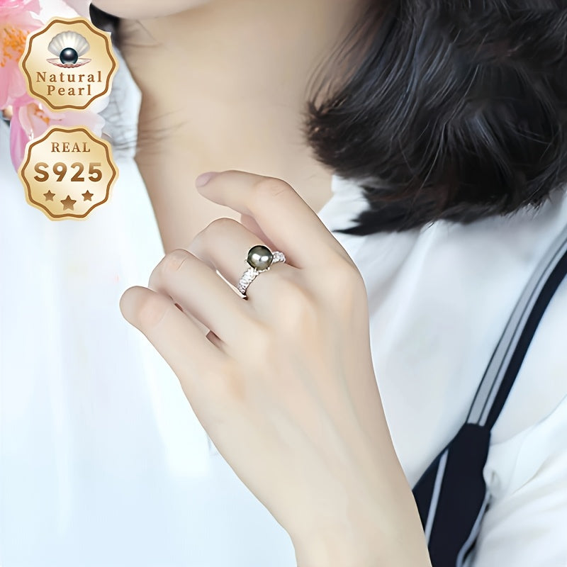 Vintage-Inspired Open Silver Ring with Black Pearl 8-9mm for Weddings and Birthdays
