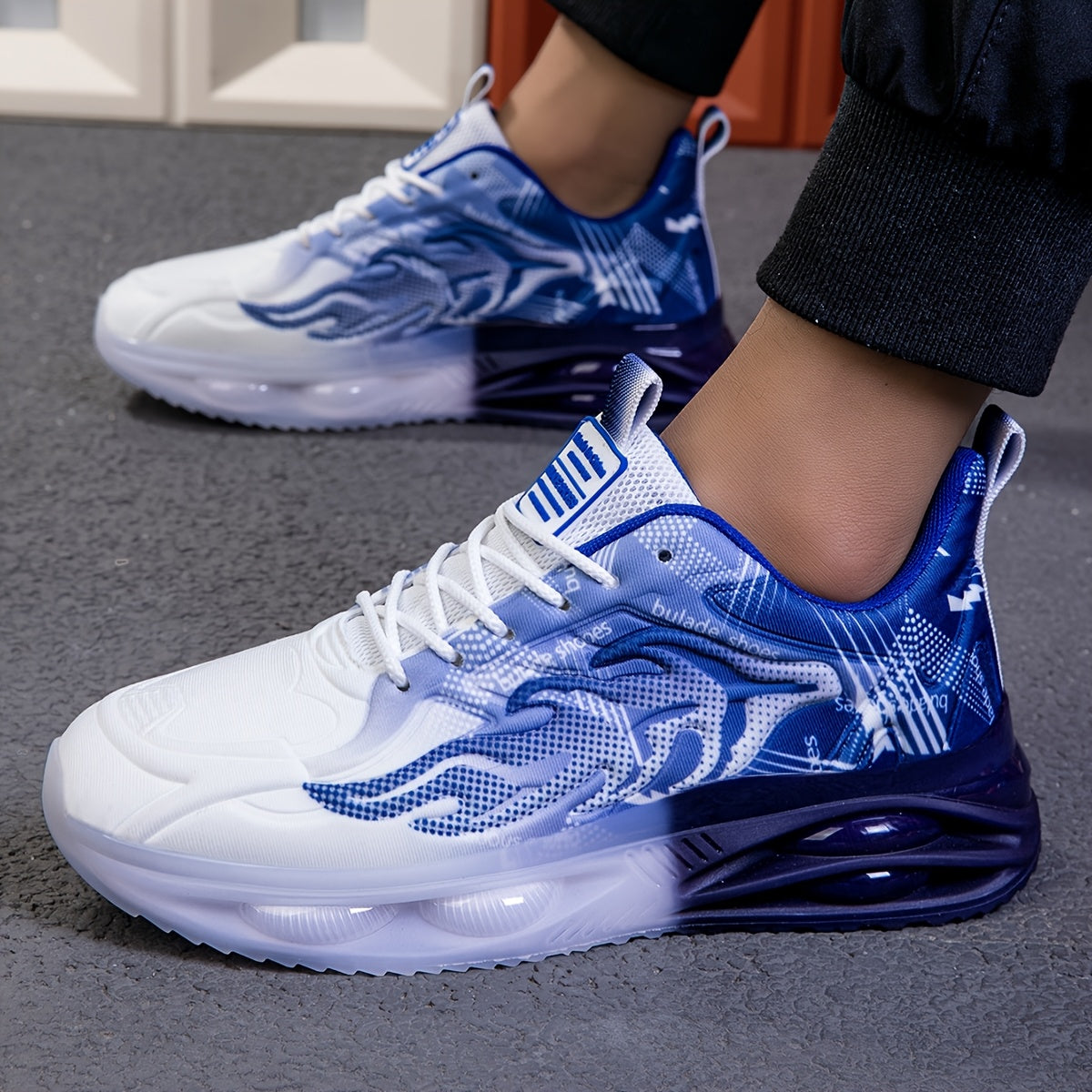 Men's Athletic Sneakers with PVC Sole Breathable Fabric Upper Flame Motif Casual Outdoor