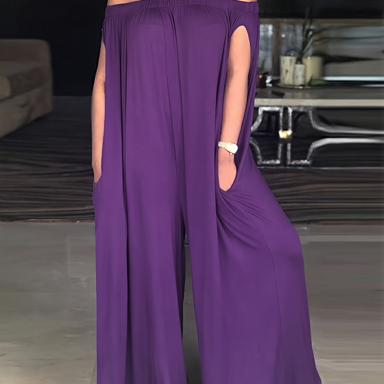 Women's Plus Size Strapless Jumpsuit Polyester Elastane Long Pockets