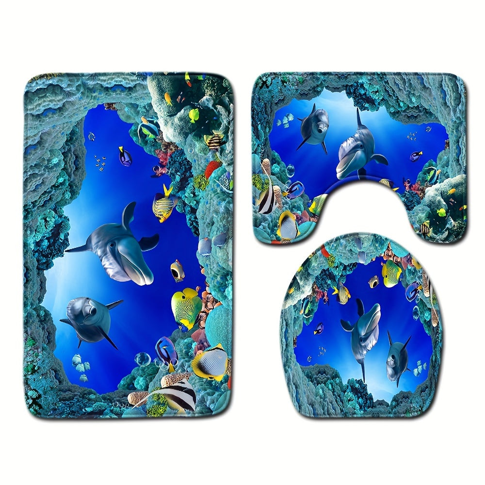 Set of 3 Ocean Underwater Cave Fish Bathroom Mats Non-Slip Water Absorbent Coral Reef Design