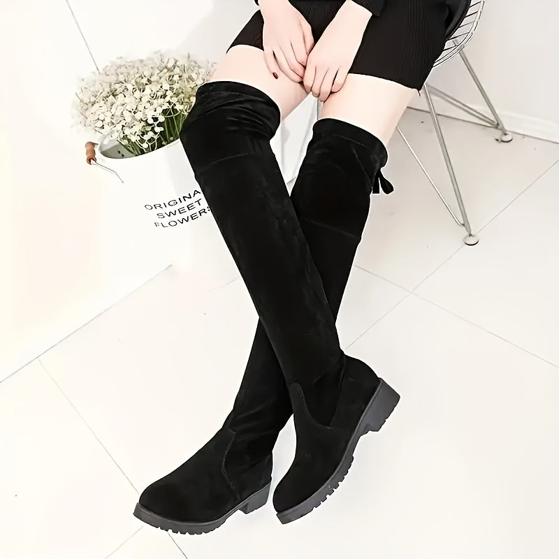 Ladies' Knee High Boots Leather Low Block Heel Round Toe Casual Daily