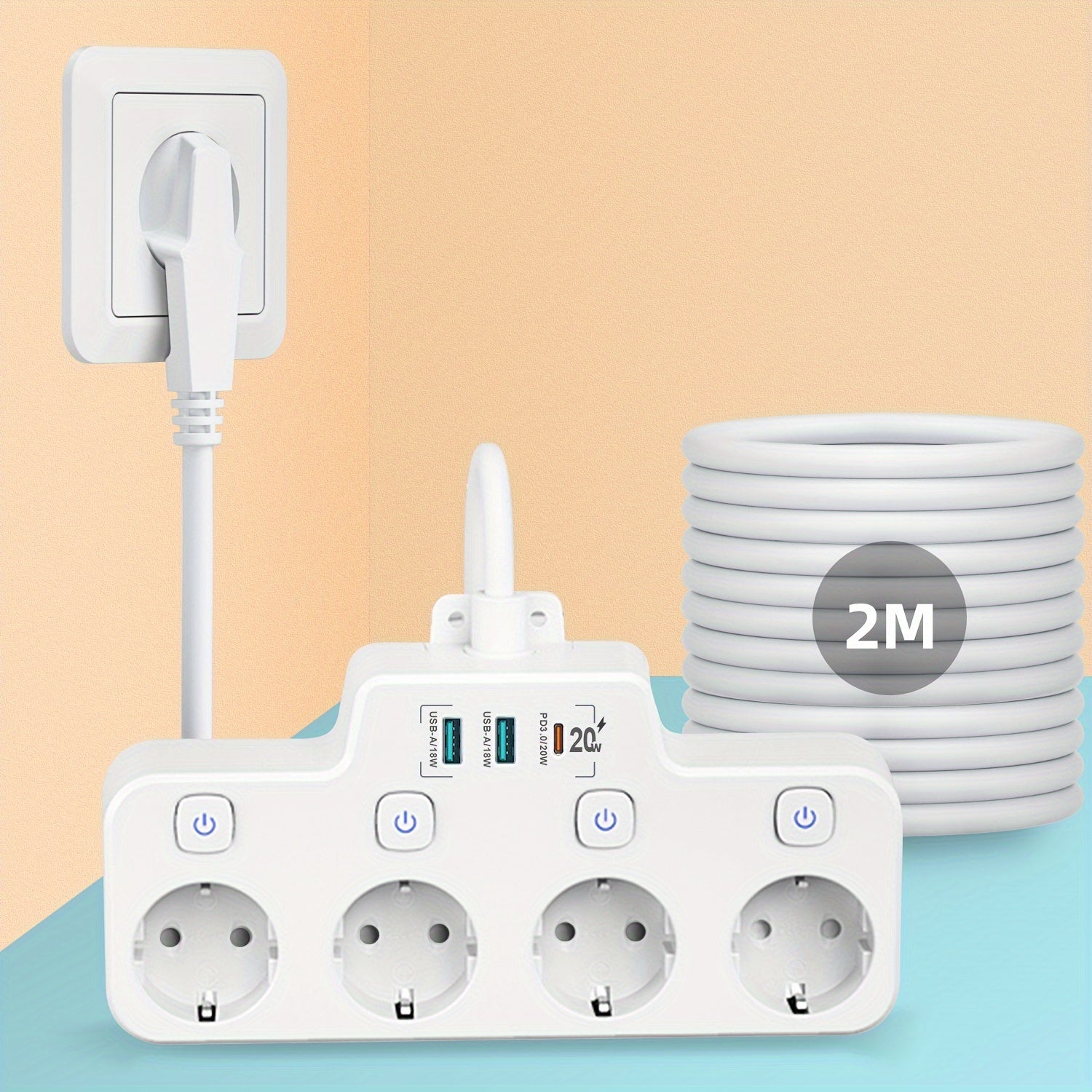 Power Strip with 4 Outlets USB Ports Surge Protector 2m Extension Cord European Plug