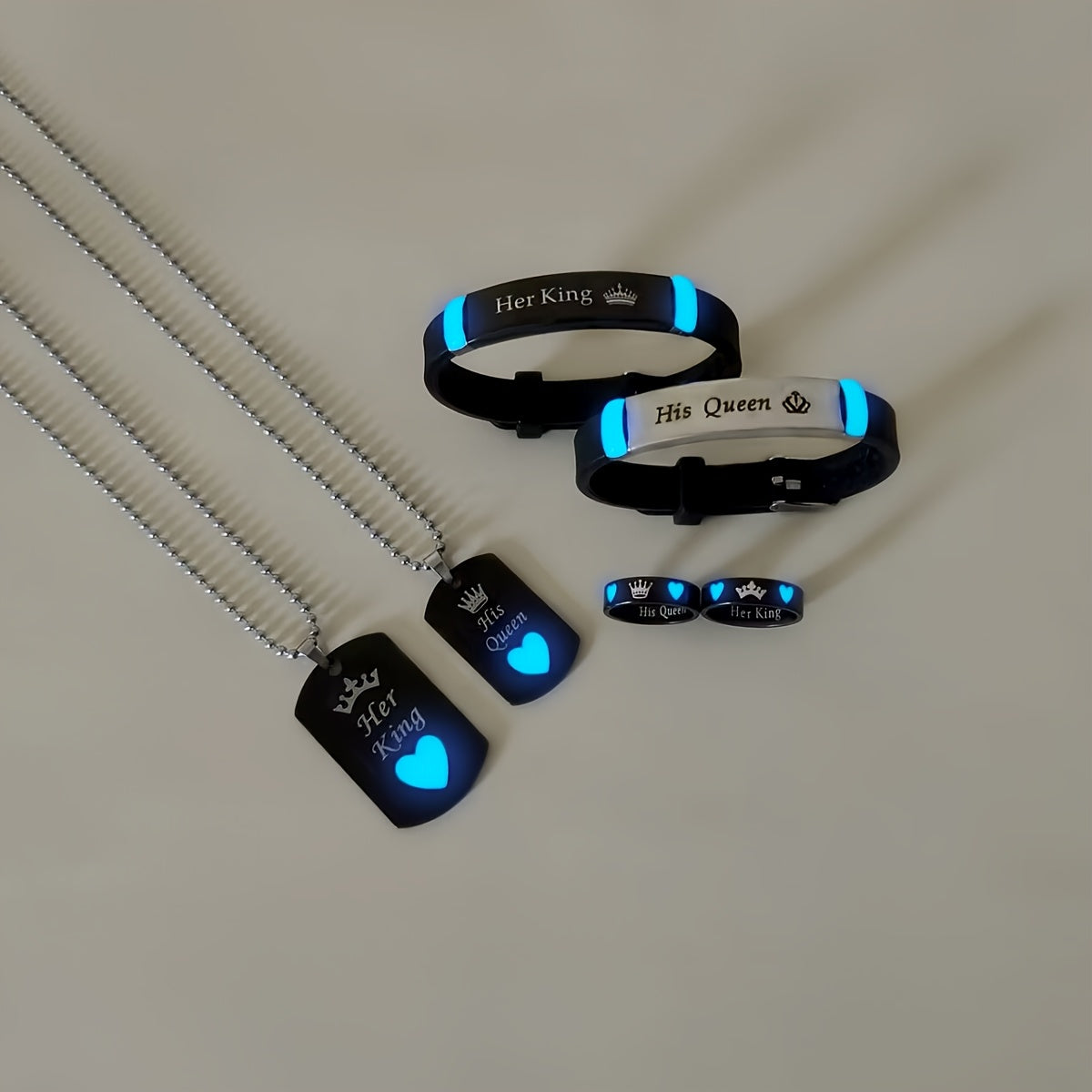 6-Piece Stainless Steel Love Crown Jewelry Set for Couples Necklace Bracelet Ring Gift